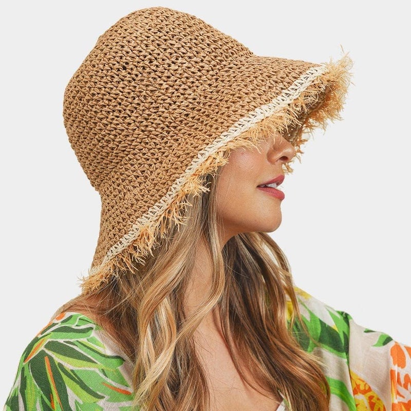 Boderier Womens Straw Hat Beach Sun Hat Frayed Crochet Foldable Straw Bucket Hat Summer Floppy Beach Hats for Women - Image 2